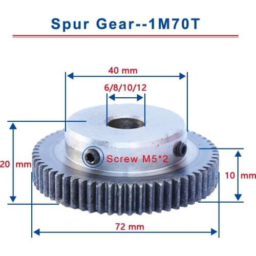 1 Piece 1M70T Spur Gear Bore Size 6 / 8 / 10 / 12 mm Motor Gear Low Carbon Steel Material High Quality Metal Gear For Motor