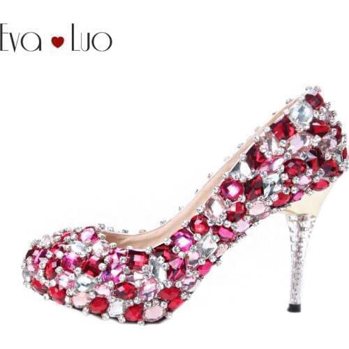 CHS221 Custom Handmade Gorgeous Red Crytal Bridal Wedding Shoes High Heels Women Shoes Dress Pumps