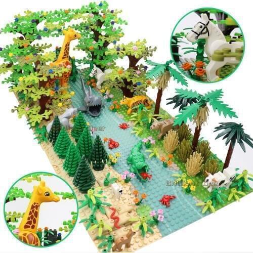 DIY MOC Jungle Model with Wild Animals Figures Building Blocks Compatible City Forest Tree House Bricks Kids Toys
