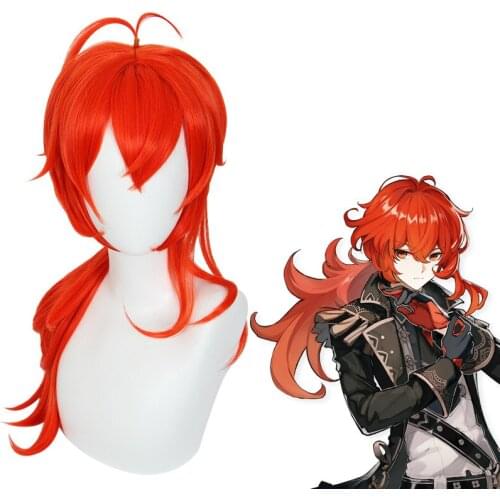 Genshin Impact Diluc Cosplay Red Wig Synthetic Hair Wigs Heat Resistant Halloween Carnival Cosplay Costume Accessory