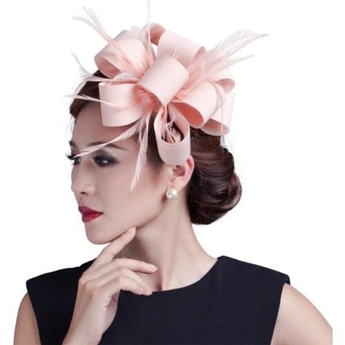 Hotselling Elegant Lady Girls Satin Bows Fascinator Feathers Women Hair Clip Fashion Formal Hair Accessories for Wedding,Race Pa