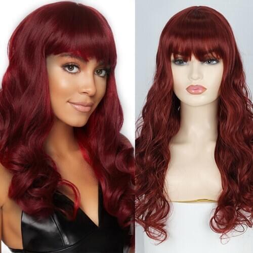 AZQUEEN Long Red Wavy Hair with Bangs Synthetic Hair Wigs Colorful Wig for Women Cosplay Daily Party Wig With Neat Bangs