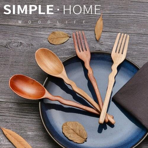 Wooden Long Handle Tableware Portable Childrens Spoon Fork Dinnerware Reusable Camping Travel Cutlery Utensils for Kitchen