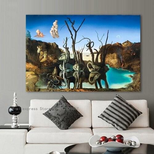 Canvas Art Salvador Dali Painting Swans Reflecting Elephants Wall Pictures Cuadros for Living Room Home Decor No Frame