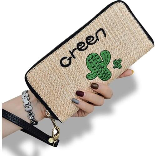 Female Straw Wallets Women Large Zipper Purses Woman Long Design Purse Wristlet Clutch Cute Card Holders Phone Wallet Carteras