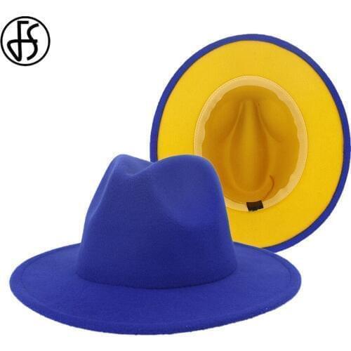 FS New Royal Blue Yellow Patchwork Wool Felt Fedora Hats Men Women Large Brim Panama Trilby Jazz Cap Derby Hat Sombrero Mujer