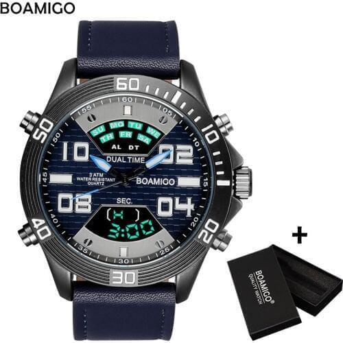 BOAMIGO Brand Watch Men Fashion Sports Watches Quartz Wristwatches LED Digital waterproof leather Male Clock Relogio Masculino