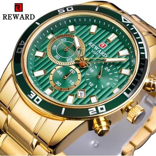 REWARD 2020 Green Dial Explorer Series Men Golden Stainless Steel Mens Business Sport Quartz Wrist Watch Top Brand Luxury Clock