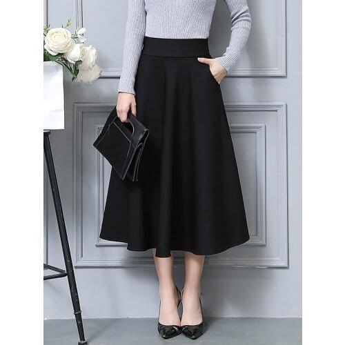 New High Waist Pleated Elegant Skirt +Pockets Wine Red Black Solid Color Long Skirts Women Faldas Saia Plus Size Ladies Jupe