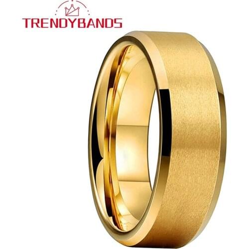 Mens Womens Gold 8MM Wedding Bands Tungsten Carbide Engagement Rings Matte Finish Beveled Edges Comfort Fit
