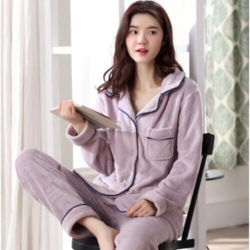 Autumn And Winter Coral Velvet Long-Sleeved Pajamas Flannel Thickened Large Size Velvet Warm Suit Women Sleepwear Nighties