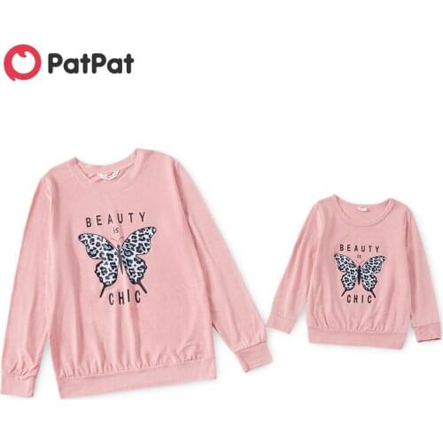 PatPat Butterfly and Letter Print Pink Long Sleeve Sweatshirts for Mom and Me