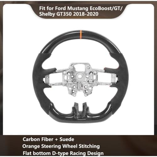 Fit for Ford Mustang EcoBoost/GT/Shelby GT350 2018-2020 Carbon Fiber Steering Wheel Suede With Orange Stitching 12 O-Clock Ring