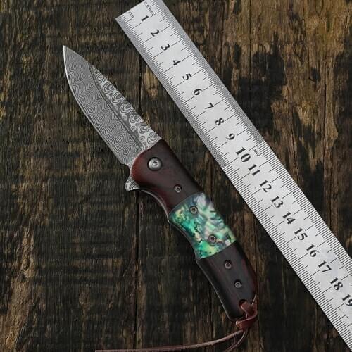 Outdoor Sandalwood Acrylic Handle Folding Knife Damascus Blade Gift Knives Camping Hunting Fishing EDC Cutting Tool Knife