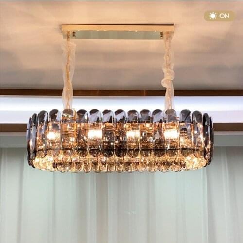 Modern Luxury Dining Room Lighting Gray K9 Crystal E14 Led Pendant Lights Gold Metal Chain Suspend Light Led Droplight Fixtures