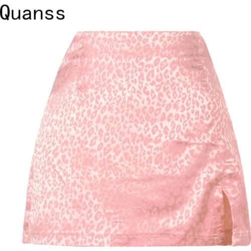 Quanss Summer Pink Leopard Satin High Waisted Sexy Bodycon Split Mini Skirts Women 2021 Fashion Streetwear Club Short Skirt
