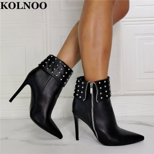 Kolnoo New Real Pictures Ladies High Heels Boots Black Faux Leather Rivets Spikes Turnover Martin Boots Party Prom Fashion Shoes