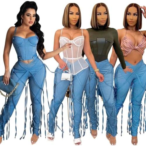 2021 Long Rope Bandage Women Jeans High Waist Elastic Full Length Denim Pants Skinny Streetwear Summer Clothes Women Outfits