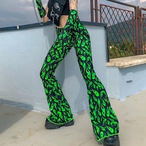 2021 New Green Fire Print Flare Pants High Waist Bell Bottom Sexy Women Streetwear Harajuku Y2K Punk Trousers Summer Fashion