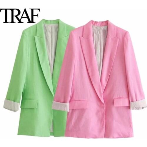 TRAF Za Women Clothing Fashion Printed Cuffs Linen Blazer Coat Spring Autumn France Long Sleeve Green Pink Female Outerwear