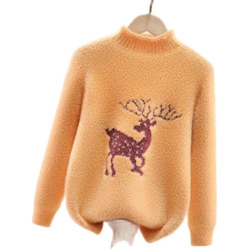 Winter children sweater 4-15T big kids O-neck cartoon deer XMS clothes teenage Imitation mink pullovers child bottoming shirt