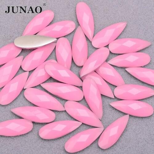 JUNAO 100Pc 8*22mm Neon Pink Drop Flat Back Crystal Rhinestone Applique Non Hotfix Resin Strass Appliques For DIY Jewelry Crafts