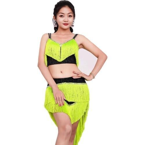 2pcs Set Drum Solo Belly Dance Fusion Latin Style Samba Dance Costume Sling Top with Rhinestones Tassel Irregular Skirt Fringes
