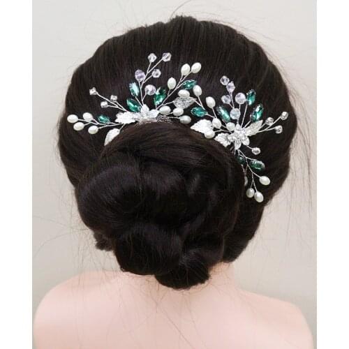 Bohe Bridal Hair Pins Emerald Green Rhinestone Flower Hair Jewelry For Bride Women Party Hairpieces Handmade Wedding Headdress