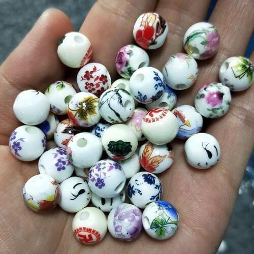 Free shipping 10-14mm 100pcs/lot Ceramic Porcelain Flower Round Beads,Handpainted Random Mixed design Flower Loose Spacer Beads