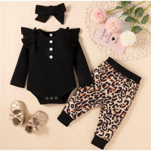 3Pcs Toddler Outfit, Solid Color Ruffled Long Sleeve Romper + Leopard Print Pants + Headband for Baby Girls, 0-18 Months
