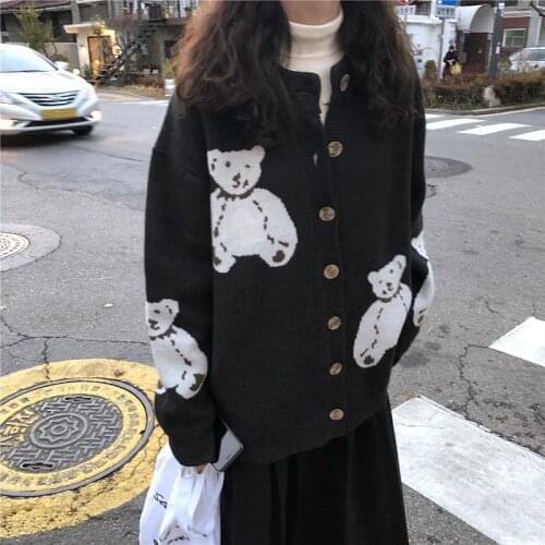 Korea Ulzzang cute bear cartoon knit Japanese women cardigan long-sleeved kawaii women sweater Harajuku casual sweet ins sweater