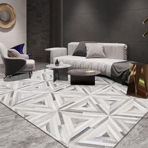 Nordic Geometry Handmade Cowhide Carpet Grey Patchwork Real Cow Skin Rug Sitting Room Tea Table Mat Bedroom Carpet