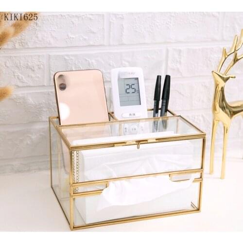 Creative Metal Frame Transparent Glass Tissue Storage Box Remote Control Key Storage Box Household Tissue Container Home Decor