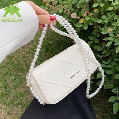 Fashion Pearl Chain Woman Handbag High Quality PU Leather Shoulder Bags 2021 Luxury Designer Ladies Messenger Small Square Bag