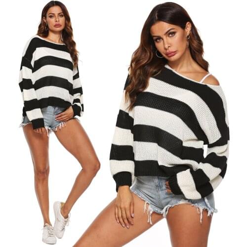Lazy style black and white stripes new one-neck off-the-shoulder loose casual all-match jacket long-sleeved woven sweater women