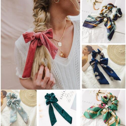 Fashion Print Scrunchie Silk Elastic Hair Band Bows Ponytail Holder Rubber Ropes Girls Hair Ties Hair Accessories