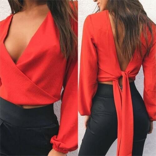 Backless Blouse Womens Sexy Long Sleeve Open Back Tops V Neck Chiffon Club Shirt Chic Fashionable Solid Color 2020 Hot New