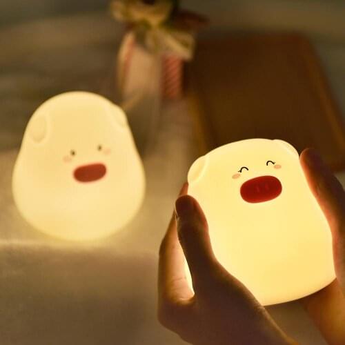 Cute Pig Shape LED Night Light Cartoon Soft Silicone Tap Bedside Lamp Battery Powered Children Animal LED Night Lamp