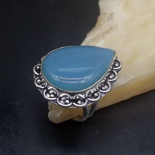 Natural Vintage BlueAgate Teardrop Silver Color Jewelry Fashion Band Ring For Women Men Ladies Size 8.5 HD860