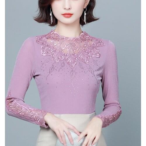 Camisetas Mujer Diamonds Mesh Lace Women T-Shirt Autumn Tops Woman 2021 New Korean Fashion Slim Womens Clothing Tee Shirt Femme