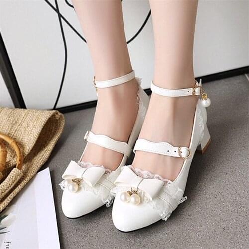 Female shoe heels womens shoes heel Lolita shoes bow thick crust Pink COS female student shoes tide med heels japanese shoes