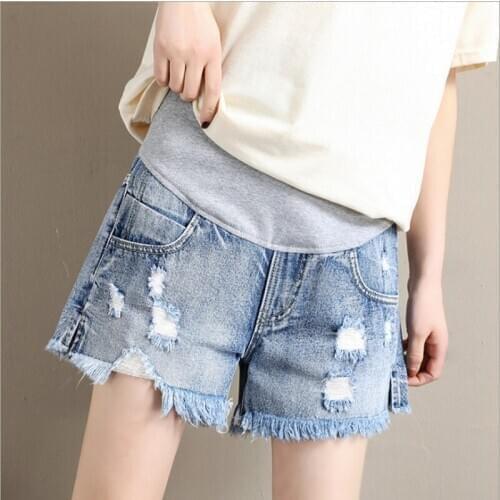 Maternity Loose Shorts Elastic Waist Belly Short Jeans Pregnant Women Spring Summer Fashion Ripped Hole Denim Pregnancy Clothes