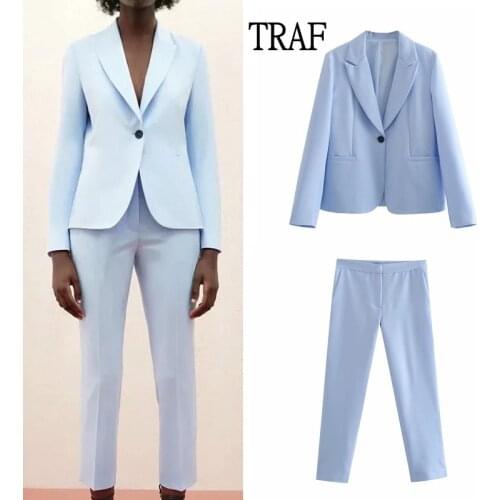 TRAF Za Woman Suits 2021 Blue Blazer Womens Jacket Single Button Long Sleeve Office Suit +Y2k Pants Women High Waist Trouser
