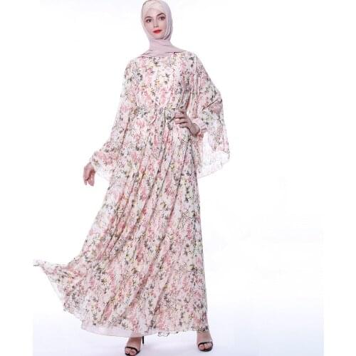 2019 Fashion Floral Chiffon Big Trumpet Sleeve Dress Retro A-line Slim Muslim Female