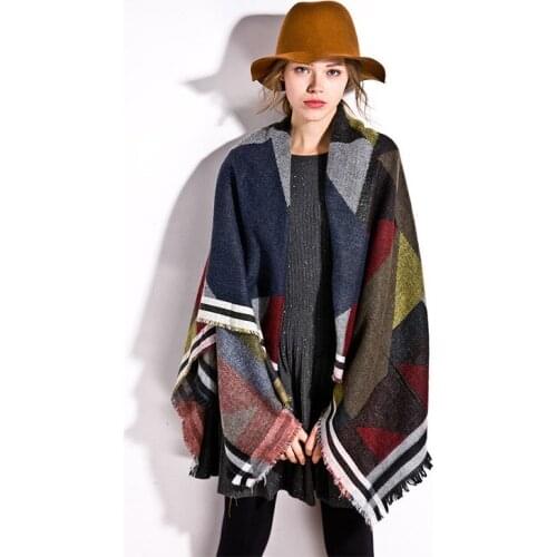Geometric hit color Womens Winter Poncho Vintage Blanket cashmere shawl fashion warm colorful lady scarves wholesale