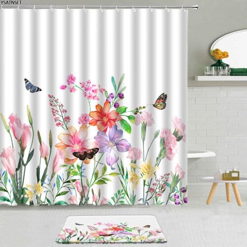 2Pcs Hand Painted Flowers Shower Curtain Green Plant Leaves Butterfly Floral Non-Slip Bath Mat Bathroom Cloth Curtains Set Decor