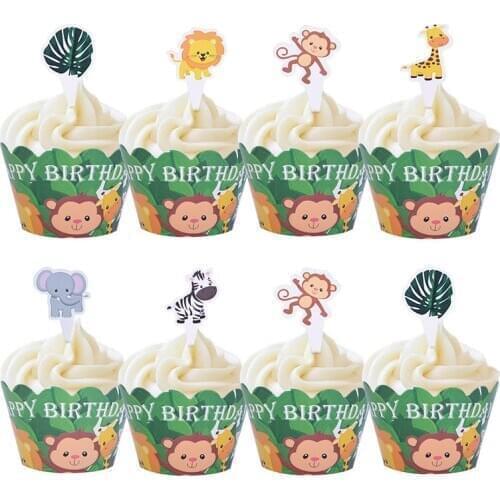 24Pcs Lion Monkey Cake Toppers Jungle Theme Party Decoration Cartoon Cupcake Wrapper Decor Kids Happy Birthday Party Supplies