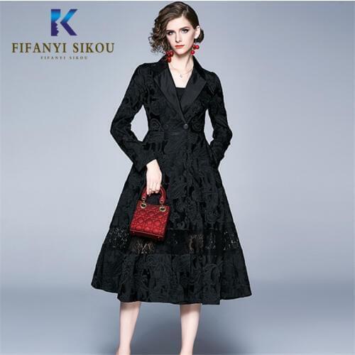 Black Jacquard Lace Trench coat Women Double Breasted Belt Fashion Plus size Long Trench coat Lady Banquet Elegant Outerwear