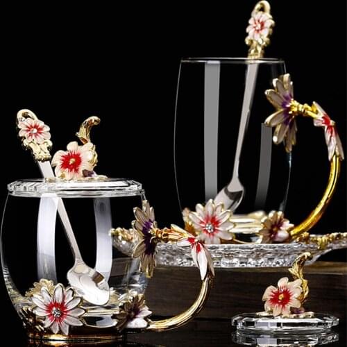 Household Enamel Water Cup Chrysanthemum Flower Tea Cup Enamel Glass Cup Creative Gift Cup Heat Resistant Glass