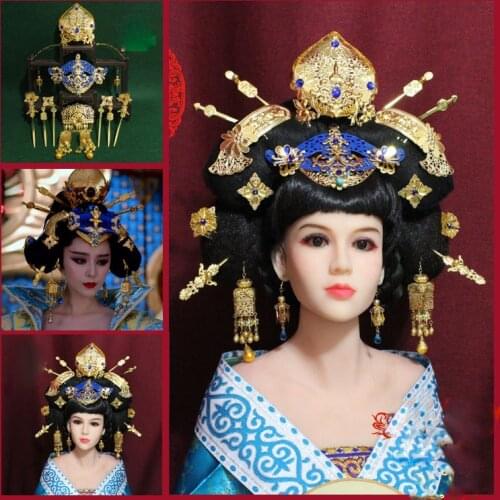 Blue Gold Series Tang Dynasty Empress Hair Tiara for TV Play Legend of Tang Empress- Wu MeiNiang Drama Tiara Hanfu Headpiece